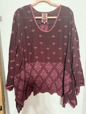 Johnny Was Burgundy Tunic with Pink Embroidery